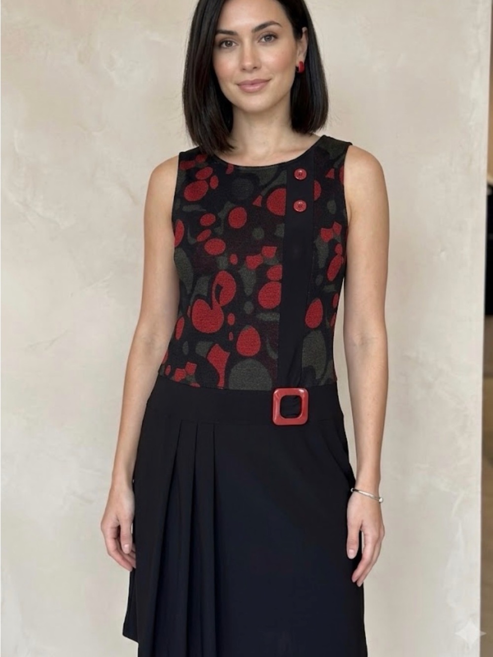 Frank Lyman Design Black Midi Dress with Red Accent Pattern